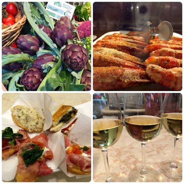 Collage of food and wine on a food tour in Venice