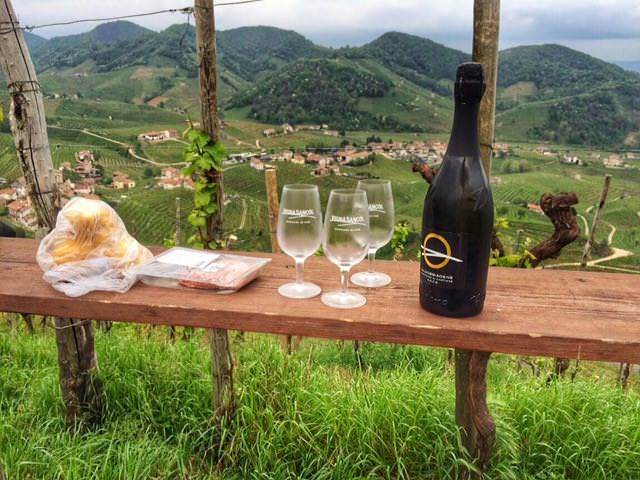 Views over Prosecco vineyards with bottle of Prosecco and bread