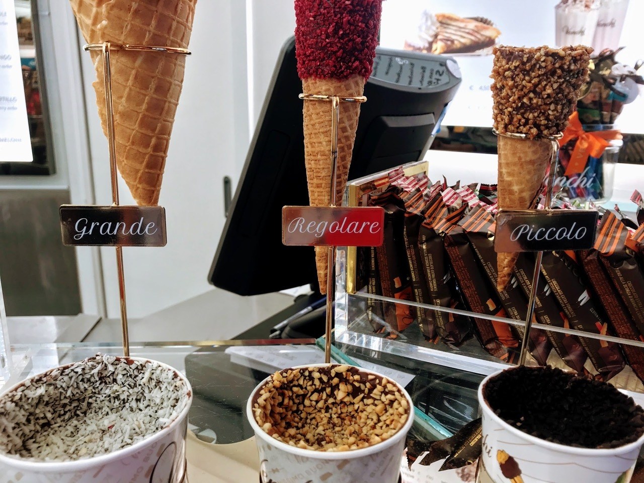 Venchi Gelato cones with toppings