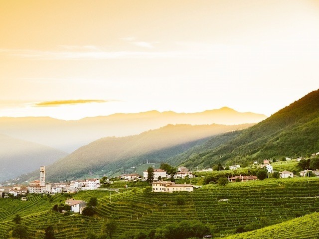 UNESCO World heritage site Prosecco DOCG region vineyards.