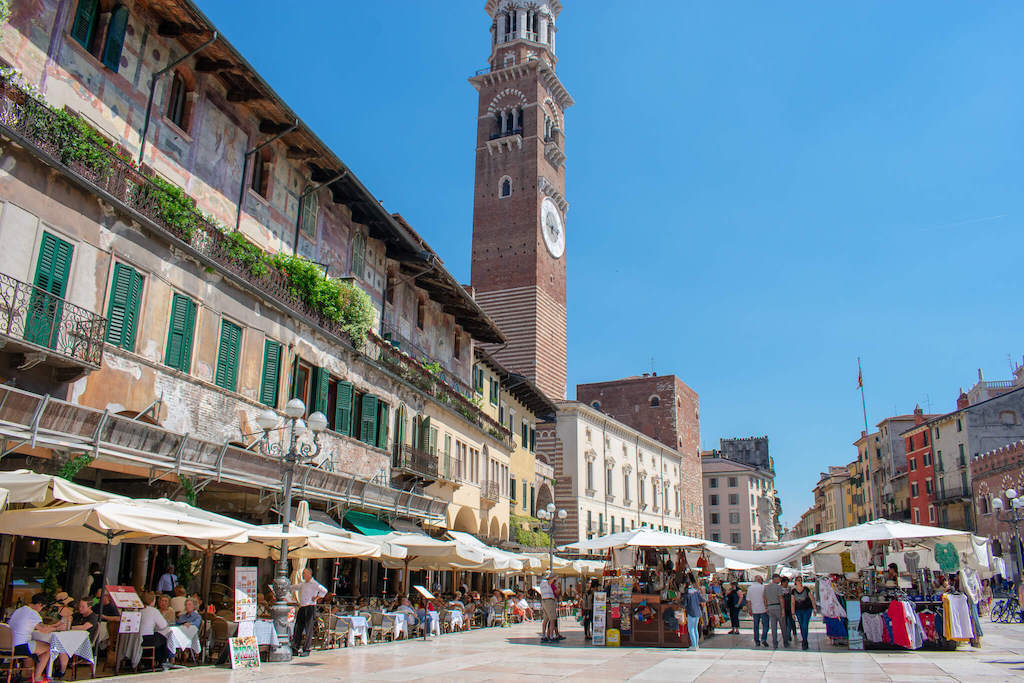 Verona's Piazza Delle Erbe with tower and market