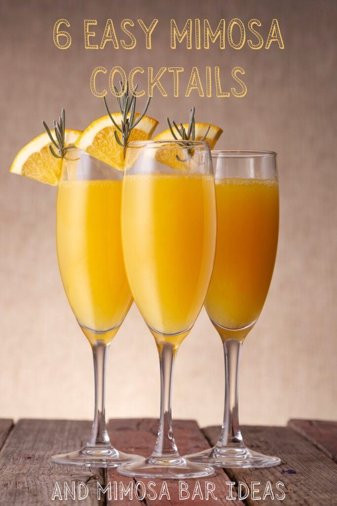 3 champagne flutes with mimosa and orange decoration