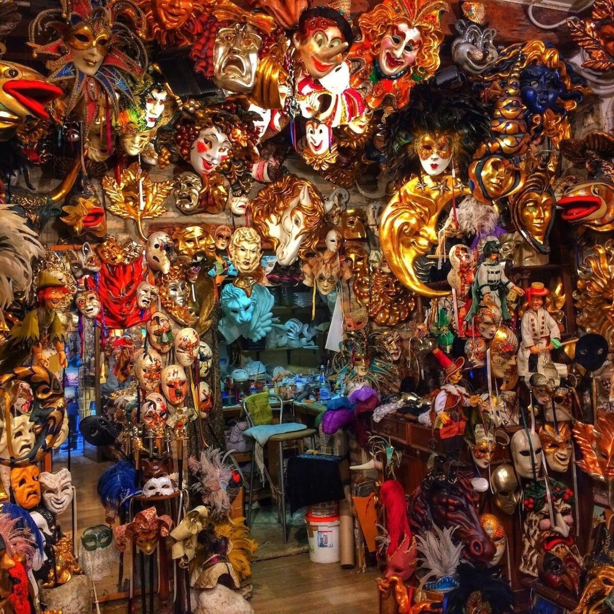 Shops filled with bright carnival masks in Venice