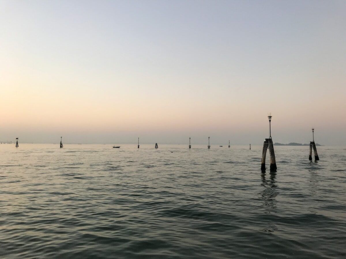 soft pink and blue sunset in Venice over lagoon