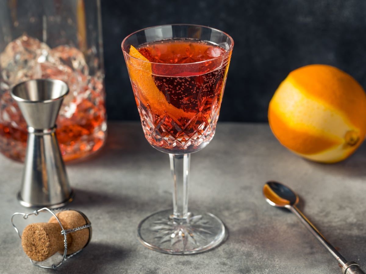 Negroni Sbagliato in a stemmed wine glass