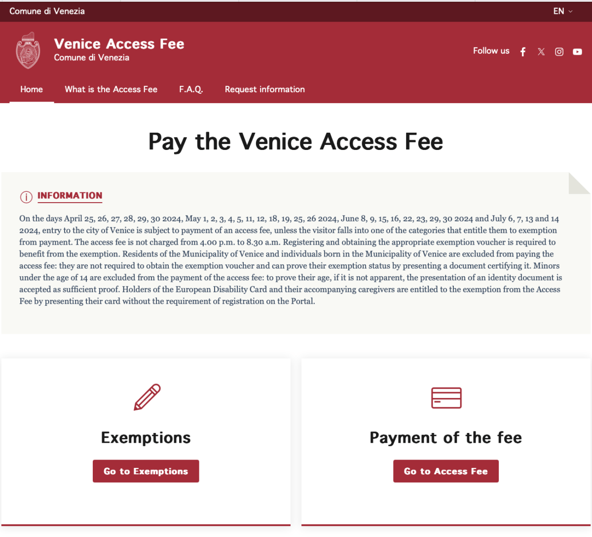 Venice Access Fee Home Page