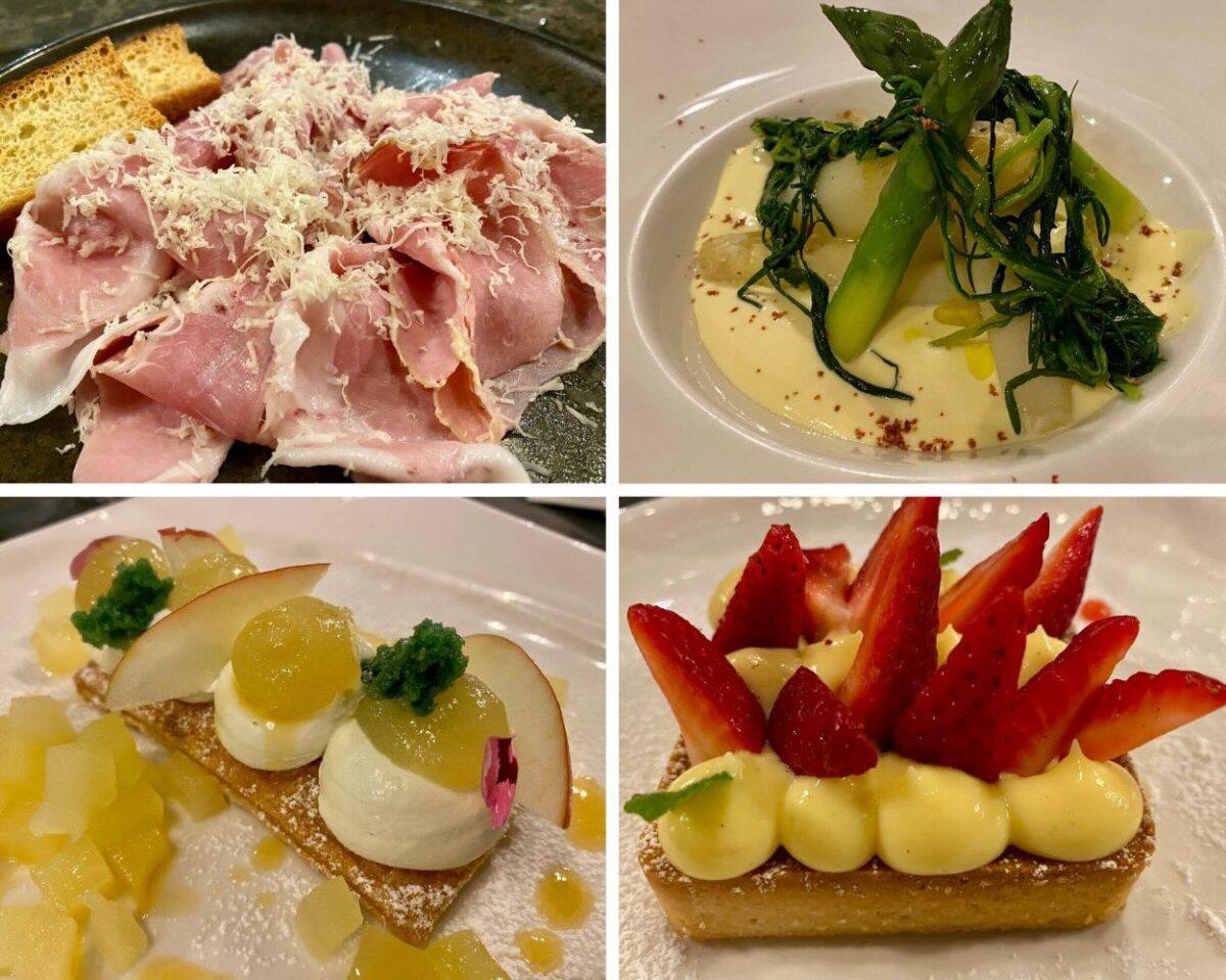 collage of food at osteria borgoluce - ham, asparagus and two fruit desserts.